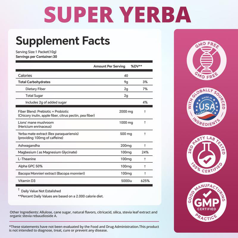 Super Yerba l Yerba Mate Instant Tea Powder IRASPBERRY LEMONADE Flavorl 30 Servings-V
