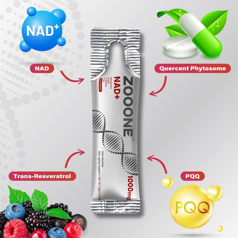 ZOOONE 1000mg NAD+ Berry Flavor Drink Mix for Skin Aging Support, Energy, and Focus-30Pack-WH