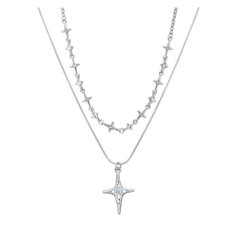 Double-layered moonstone necklace and star clavicle necklace-CU