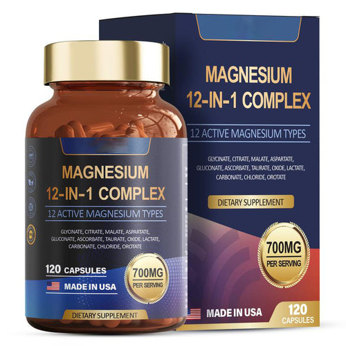 12-in-1 Magnesium Complex 700mg - Supplement with Glycinate Citrate Malate Oxide Taurate Aspartate Orotate, Vegan Capsules for Muscle, Heart, and Relaxation Support-V