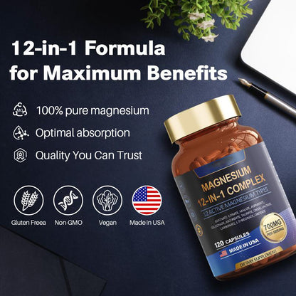 12-in-1 Magnesium Complex 700mg - Supplement with Glycinate Citrate Malate Oxide Taurate Aspartate Orotate, Vegan Capsules for Muscle, Heart, and Relaxation Support-V