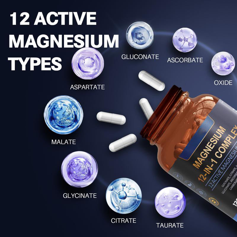 12-in-1 Magnesium Complex 700mg - Supplement with Glycinate Citrate Malate Oxide Taurate Aspartate Orotate, Vegan Capsules for Muscle, Heart, and Relaxation Support-V