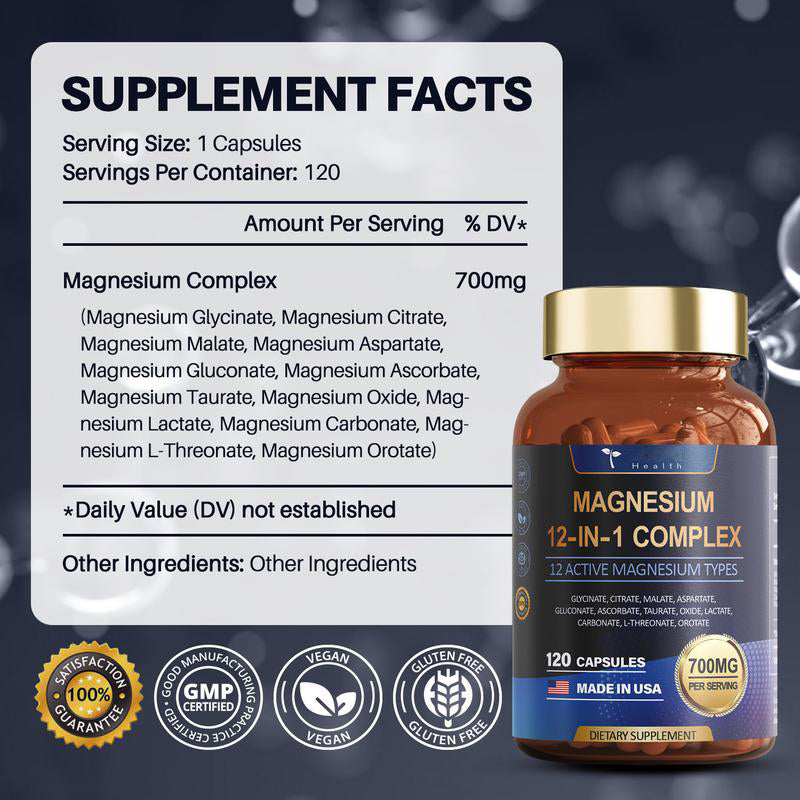 12-in-1 Magnesium Complex 700mg - Supplement with Glycinate Citrate Malate Oxide Taurate Aspartate Orotate, Vegan Capsules for Muscle, Heart, and Relaxation Support-V
