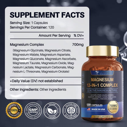 12-in-1 Magnesium Complex 700mg - Supplement with Glycinate Citrate Malate Oxide Taurate Aspartate Orotate, Vegan Capsules for Muscle, Heart, and Relaxation Support-V