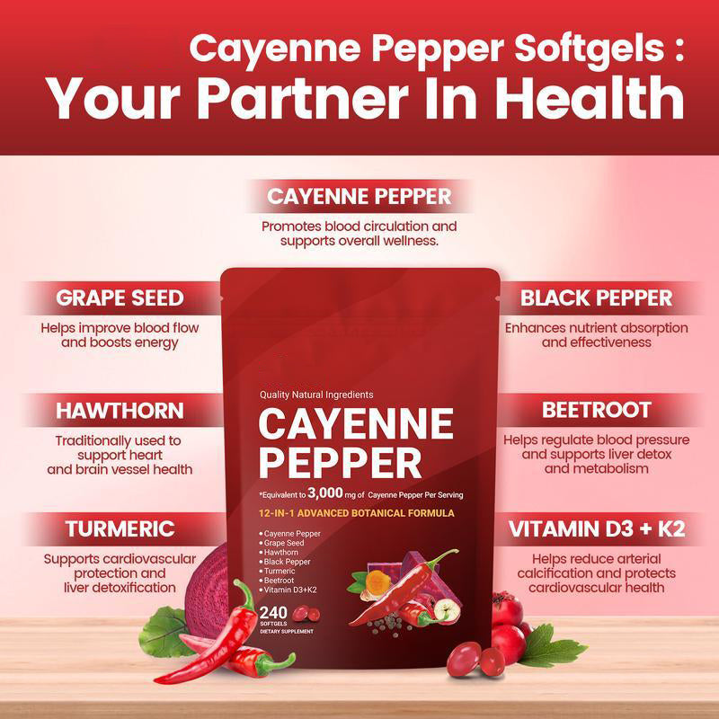 Cayenne Pepper Softgels Supplement, Supports Leg Vein, Heart and Blood Vessel Health (240 Softge /1 Bag)-V