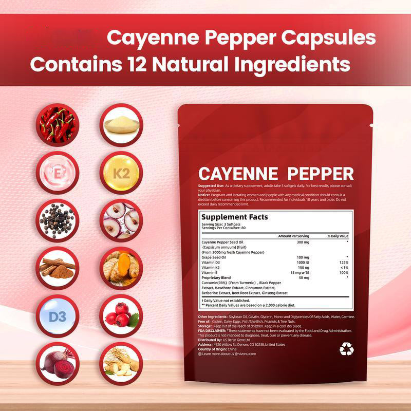 Cayenne Pepper Softgels Supplement, Supports Leg Vein, Heart and Blood Vessel Health (240 Softge /1 Bag)-V