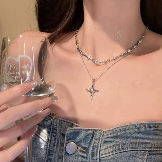 Double-layered moonstone necklace and star clavicle necklace-CU