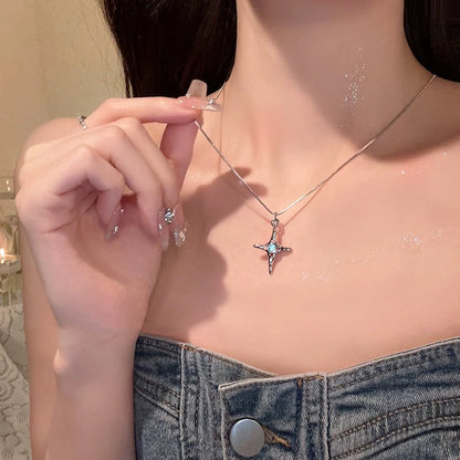 Double-layered moonstone necklace and star clavicle necklace-CU
