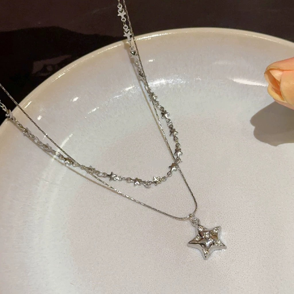 Double-layered star necklace, sweet and cool hot girl style clavicle necklace-CU