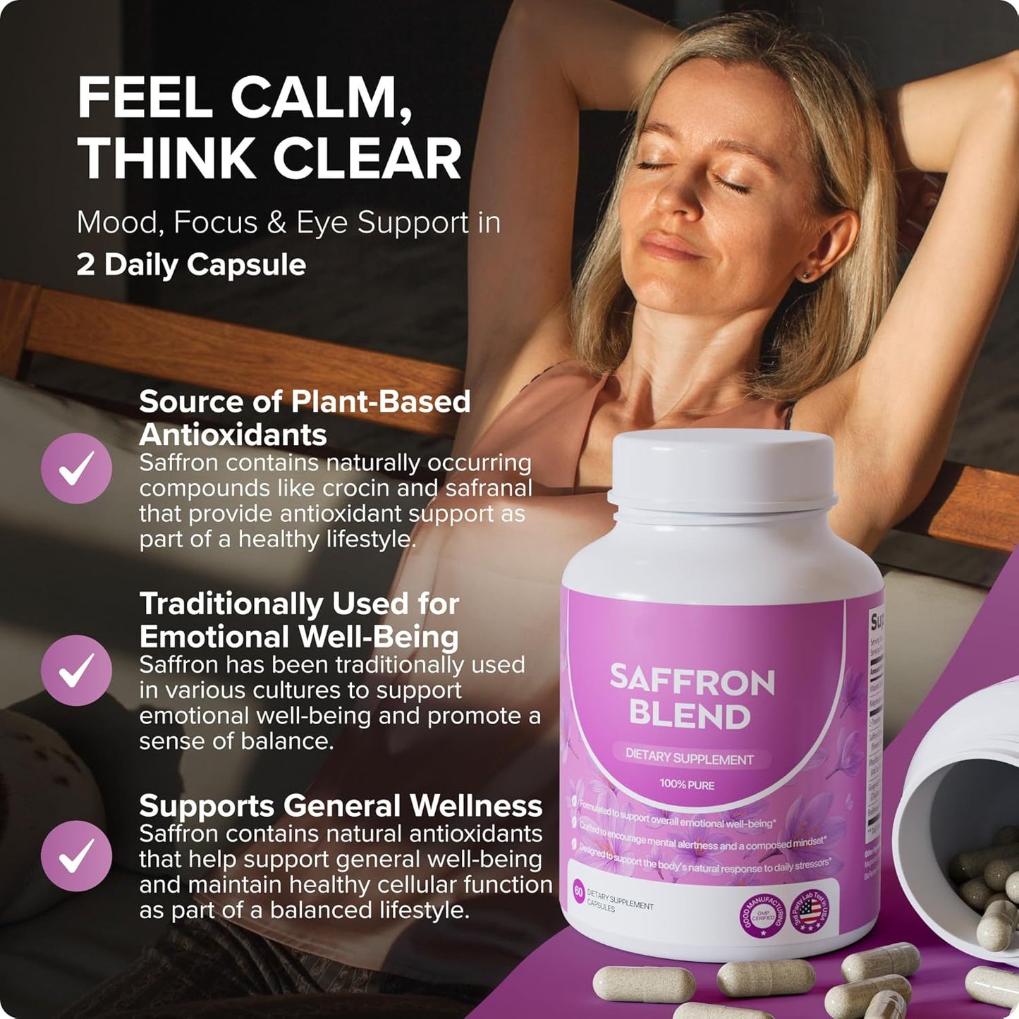 Saffron Blend - For Positive Mood & Stress Support - Vegan Gluten-Free with Gentle Magnesium-V